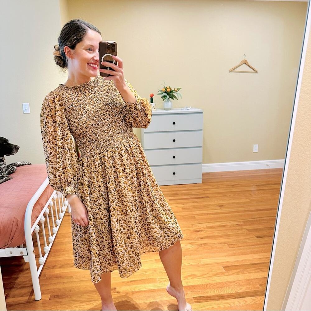 Ann Taylor Pink Smocked Long Sleeve MIDI Dress 6P